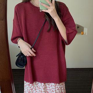 Side-slit Elbow-sleeve Knit Top / Flower Print Midi A-line Skirt