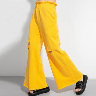 Band-waist Distressed Wide-leg Pants