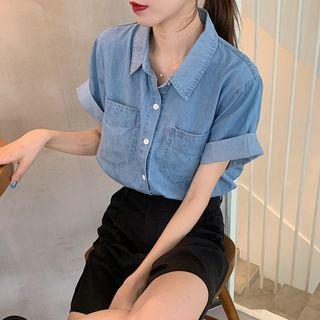 Pocket Detail Short-sleeve Denim Shirt Blue - One Size