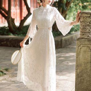 Mandarin Collar Cutout Midi A-line Dress