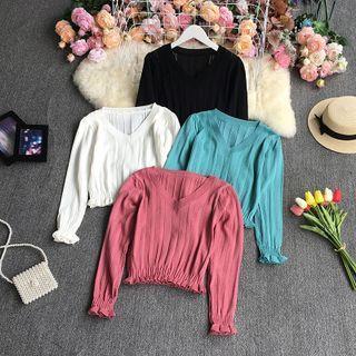 Long-sleeve V-neck Frill Trim Knit Top