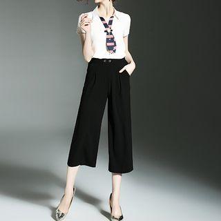 Set: Short-sleeve Polo Shirt + Cropped Wide Leg Pants