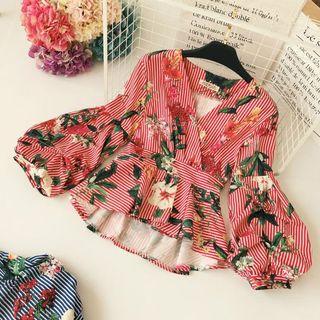 V-neck Printed Lantern-sleeve Top