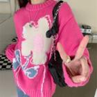 Long-sleeve Flower Printed Knit Sweater Rose Pink - One Size