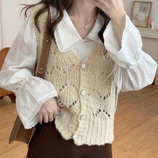 Set : Peter Pan Collar Long-sleeve Shirt + V-neck Vest Cardigan