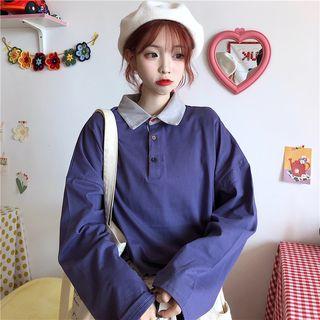 Colored Button Contrast-collar Long-sleeve Polo Shirt