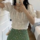 Short-sleeve Crinkled Blouse / Floral Print Midi A-line Skirt