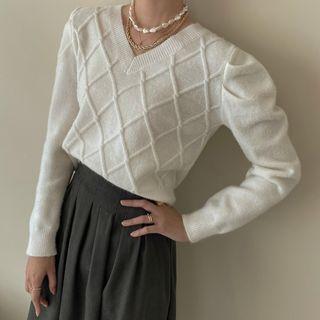 V-neck Puff-sleeve Cropped Knit Top