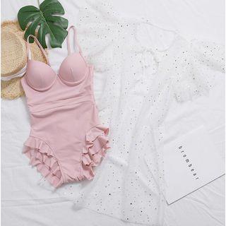 Set: Sequined Short-sleeve Mesh Cover-up + Ruffle Trim Swimsuit