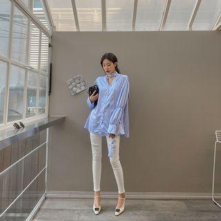 Shirred Satin Blouse With Scarf