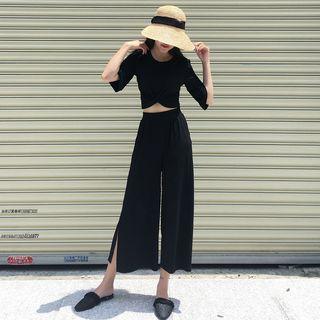 Set: Plain Elbow Sleeve Cropped T-shirt + Side Slit Wide Leg Pants