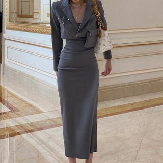 Set: Cropped Blazer + Spaghetti Strap Midi Sheath Dress