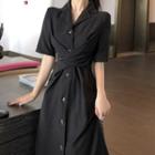Plain Short-sleeve Dress Black - One Size