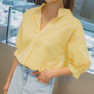 Open-placket 3/4-sleeve Stripe Blouse