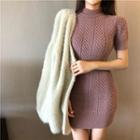 Plain Short-sleeve Slim-fit Knit Dress / Furry Cardigan