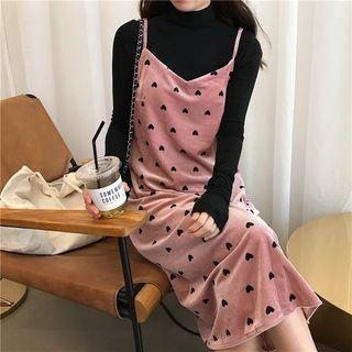 Plain Long-sleeve Top / Heart Strappy Midi Dress