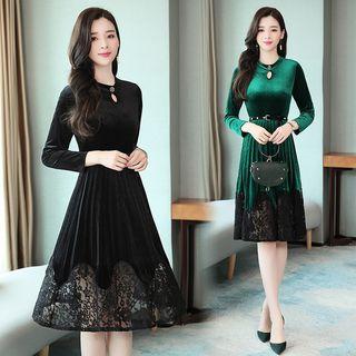 3/4-sleeve Lace-panel Mini A-line Velvet Dress