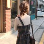 V-neck Tie-waist Plaid Pinafore Dress Charcoal Gray - One Size