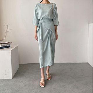 3/4-sleeve Wrap-front Long Dress