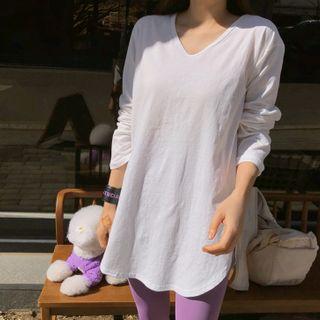 V-neck Slit-side Long T-shirt Ivory - One Size