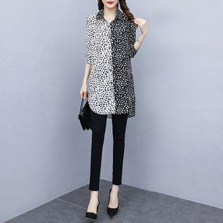 Long-sleeve Two-tone Dotted Chiffon Shirt