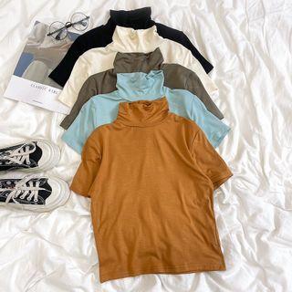 Short-sleeve High-neck Plain Top