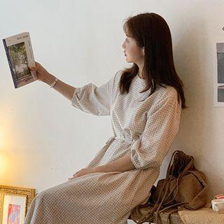 Elbow-sleeve Check Dress With Cord