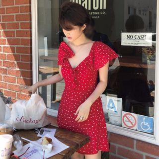 Heart Short-sleeve Knit A-line Dress Red - One Size