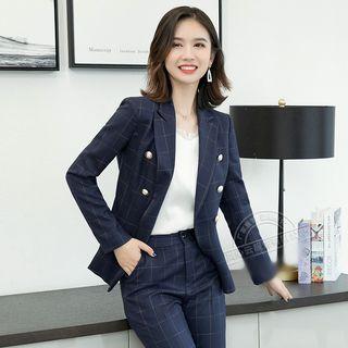Double-breasted Plaid Blazer / Straight-leg Dress Pants / Set