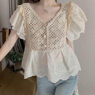 Short-sleeve Knit Panel Eyelet Lace Blouse Almond - One Size