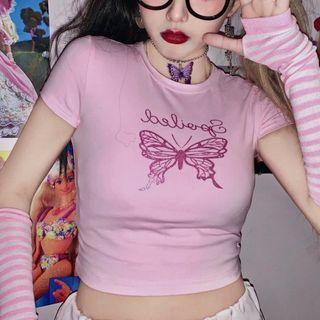 Short-sleeve Butterfly Print Cropped T-shirt Pink - One Size
