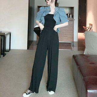 Puff-sleeve Drawstring Denim Top / Strapless Jumpsuit