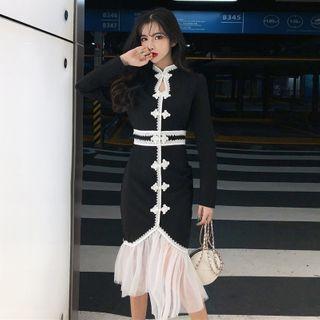 Long-sleeve Crochet Trim A-line Mesh Dress