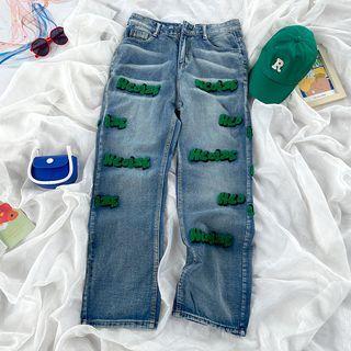 Lettering Wide Leg Jeans / Belt