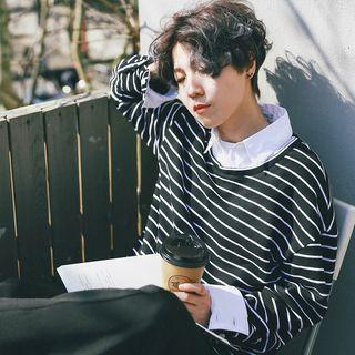 Mock Two Piece Striped Panel Collared Pullover