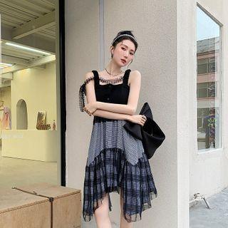 Wide Strap Gingham A-line Lace Dress