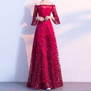 3/4-sleeve Cold Shoulder Lace A-line Evening Gown