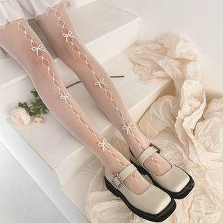 Faux Pearl Ribbon Fishnet Tights