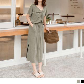 Gather Waist Twist Front Midi Dress