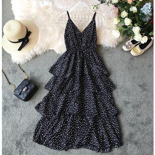Spaghetti Strap Maxi Layered Dotted Dress