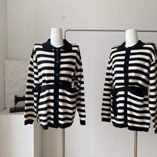 Collared Striped Cardigan Stripes - Black & White - One Size