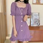 Balloon-sleeve Ruffled A-line Dress Purple - One Size
