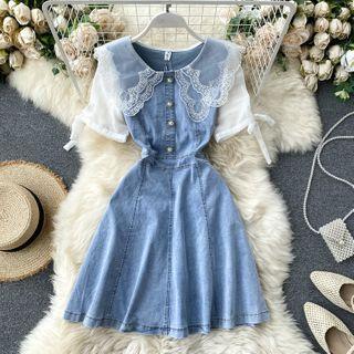 Embroidered Mesh Denim Dress