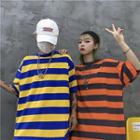 Color Block Striped Couple Matching Elbow-sleeve T-shirt