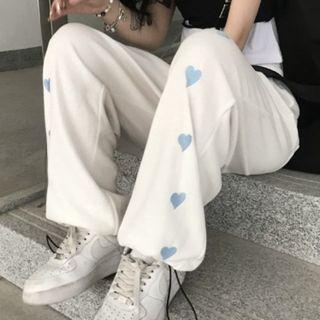Drawstring-cuff Heart Embroidered Wide Leg Pants