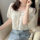 Puff-sleeve Floral Mesh Cropped Blouse