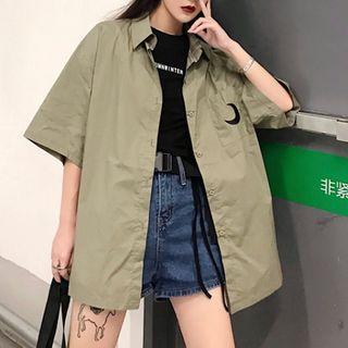 Embroidered Short Sleeve Shirt Army Green - One Size