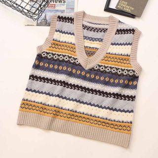 V-neck Patterned Knit Vest Almond - One Size