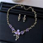Bridal Set: Flower Rhinestone Necklace + Clip-on Earrings