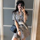 Plaid Short-sleeve Double-breasted Dress As Shown In Figure - One Size